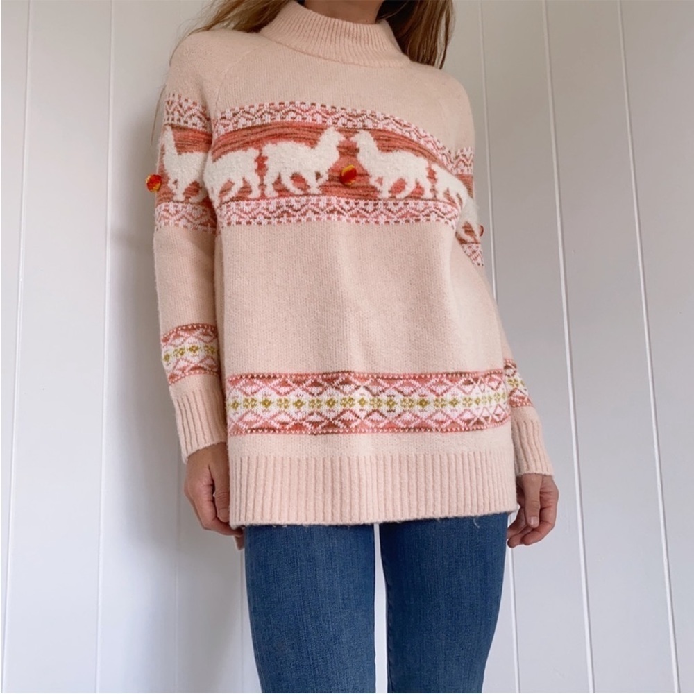 Anthropologie Aimee Alpaca Pompom Blush Pink Peach Mock Neck Sweater Sz XS